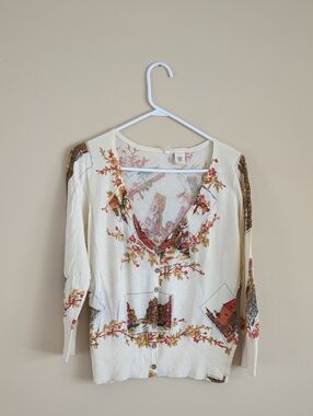 Large Anthroplogie Moth La Dominante Cardigan Postcard Leaves Button Front